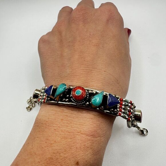 SALE! Amazing southwest style, silver plated and composite stone bracelet! - Picture 7 of 13